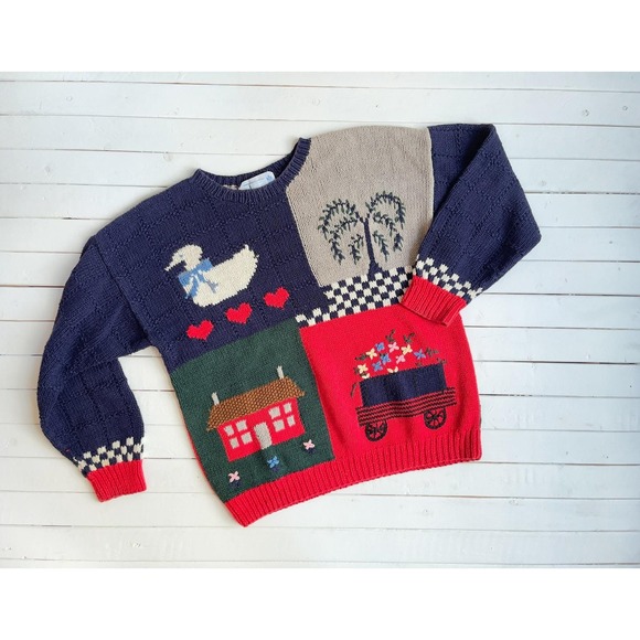 Sweaters - Deans‎ of Scotland vtg red blue duck bird house farm animal cotton sweater